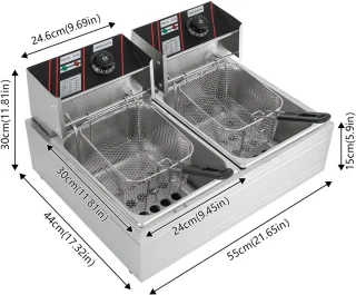 Elektrische Friteuse - Dubbele Tank - Dompel Frituurpan - Professionele Frituurmachine - Roestvrijstaal - 2 x 6L Capaciteit - 2 x 2500W Vermogen - Temperatuurregeling - Voor Friet, Snacks, Kip, Garnalen - Horeca & Thuisgebruik