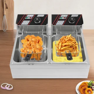 Elektrische Friteuse - Dubbele Tank - Dompel Frituurpan - Professionele Frituurmachine - Roestvrijstaal - 2 x 6L Capaciteit - 2 x 2500W Vermogen - Temperatuurregeling - Voor Friet, Snacks, Kip, Garnalen - Horeca & Thuisgebruik