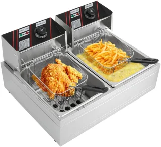 Elektrische Friteuse - Dubbele Tank - Dompel Frituurpan - Professionele Frituurmachine - Roestvrijstaal - 2 x 6L Capaciteit - 2 x 2500W Vermogen - Temperatuurregeling - Voor Friet, Snacks, Kip, Garnalen - Horeca & Thuisgebruik