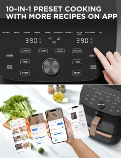 Hot Air Fryer – 11L – 10-in-1 Multifunctioneel – Dubbel Stapelbaar – Overlappende Kookzones – WiFi Smart Sync met Alexa – XL Vertical Space Saver – Gezond Frituren Zonder Olie – Snelle Bereiding – Voor Gezinnen