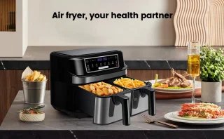 Paco Goederen® Heteluchtfriteuse - Aifryer - 9 liter XXL - 2 onafhankelijke lades van 4,5 liter - 8 automatische programma's met LED-touchscreen - 2 Kookvakken