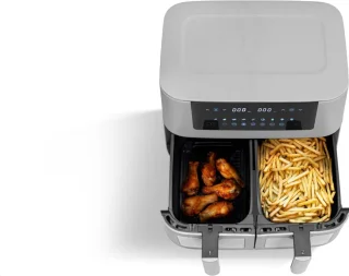 Dual Zone Airfryer met Dubbele Kamer 8 Liter 2 Manden met Kijkvenster Touchscreen 9 Voorinstellingen Dual Cook & Synchronisatie Kant-en-Klaar Technologie 2570-3040 W