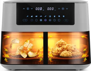 Dual Zone Airfryer met Dubbele Kamer 8 Liter 2 Manden met Kijkvenster Touchscreen 9 Voorinstellingen Dual Cook & Synchronisatie Kant-en-Klaar Technologie 2570-3040 W