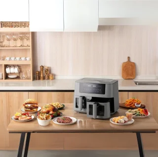 Dual Zone Airfryer met Dubbele Kamer 8 Liter 2 Manden met Kijkvenster Touchscreen 9 Voorinstellingen Dual Cook & Synchronisatie Kant-en-Klaar Technologie 2570-3040 W