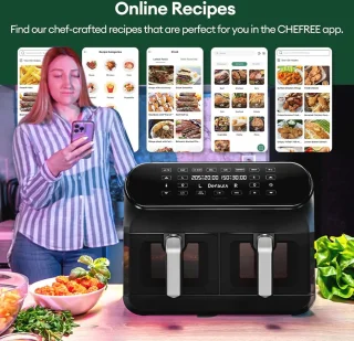 Luchtfriteuse 8 Liter met Dubbele Mand en LED Touchscreen - 2400W, 8 Programma's, Energiebesparend