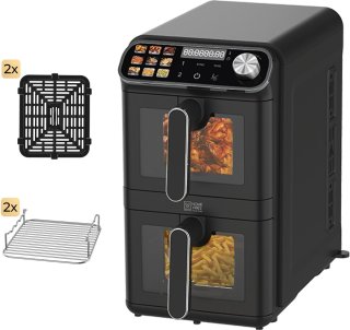 De Home Vibes® Airfryer XXL – Gestapelde Lades - Heteluchtfriteuse - 2460W – 11L Air Fryer – LED Display met 9 Kookprogramma’s – Dubbele Airfryer – Met Extra Accessoires - Mat Zwart in één oogopslag