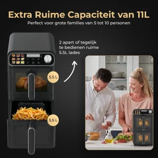 Home Vibes® Airfryer XXL – Gestapelde Lades - Heteluchtfriteuse - 2460W – 11L Air Fryer – LED Display met 9 Kookprogramma’s – Dubbele Airfryer – Met Extra Accessoires - Mat Zwart