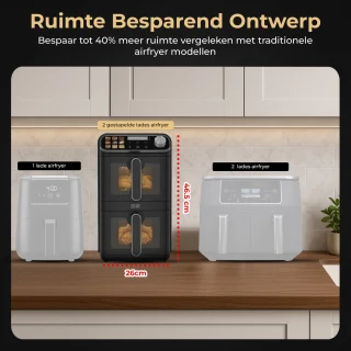 Home Vibes® Airfryer XXL – Gestapelde Lades - Heteluchtfriteuse - 2460W – 11L Air Fryer – LED Display met 9 Kookprogramma’s – Dubbele Airfryer – Met Extra Accessoires - Mat Zwart