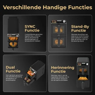 Home Vibes® Airfryer XXL – Gestapelde Lades - Heteluchtfriteuse - 2460W – 11L Air Fryer – LED Display met 9 Kookprogramma’s – Dubbele Airfryer – Met Extra Accessoires - Mat Zwart