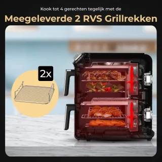 Home Vibes® Airfryer XXL – Gestapelde Lades - Heteluchtfriteuse - 2460W – 11L Air Fryer – LED Display met 9 Kookprogramma’s – Dubbele Airfryer – Met Extra Accessoires - Mat Zwart