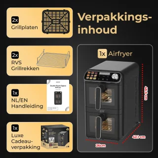 Home Vibes® Airfryer XXL – Gestapelde Lades - Heteluchtfriteuse - 2460W – 11L Air Fryer – LED Display met 9 Kookprogramma’s – Dubbele Airfryer – Met Extra Accessoires - Mat Zwart