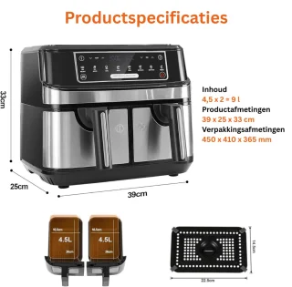 ApexArte® Dubbele Airfryer XXXL - Duo Heteluchtfriteuse - Geschikt voor Accessoires - Zwart