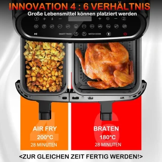 Equivera Dubbele Airfryer - Dubbele Mand - Dual Cook - Heteluchtfriteuse - Verschillende Programma's - Dual Zone - Mega