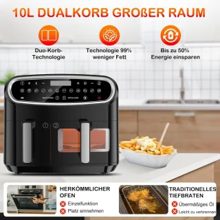 Equivera Dubbele Airfryer - Dubbele Mand - Dual Cook - Heteluchtfriteuse - Verschillende Programma's - Dual Zone - Mega