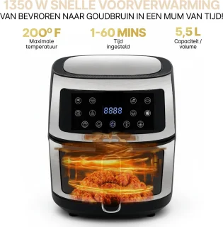 Ag5300 Airfryer XXL Premium Zilver – 5.5L Hete Luchtfriteuse – Digitaal Display – 8 Programma’s – Anti-aanbak – Vaatwasserbestendig – Extreem Stil – Gezond Koken Zonder Olie – Inclusief Receptenboek