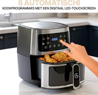 Ag5300 Airfryer XXL Premium Zilver – 5.5L Hete Luchtfriteuse – Digitaal Display – 8 Programma’s – Anti-aanbak – Vaatwasserbestendig – Extreem Stil – Gezond Koken Zonder Olie – Inclusief Receptenboek