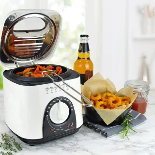 Compacte friteuse met thermostaat en antiaanbaklaag - 1 liter, ivoorwit
