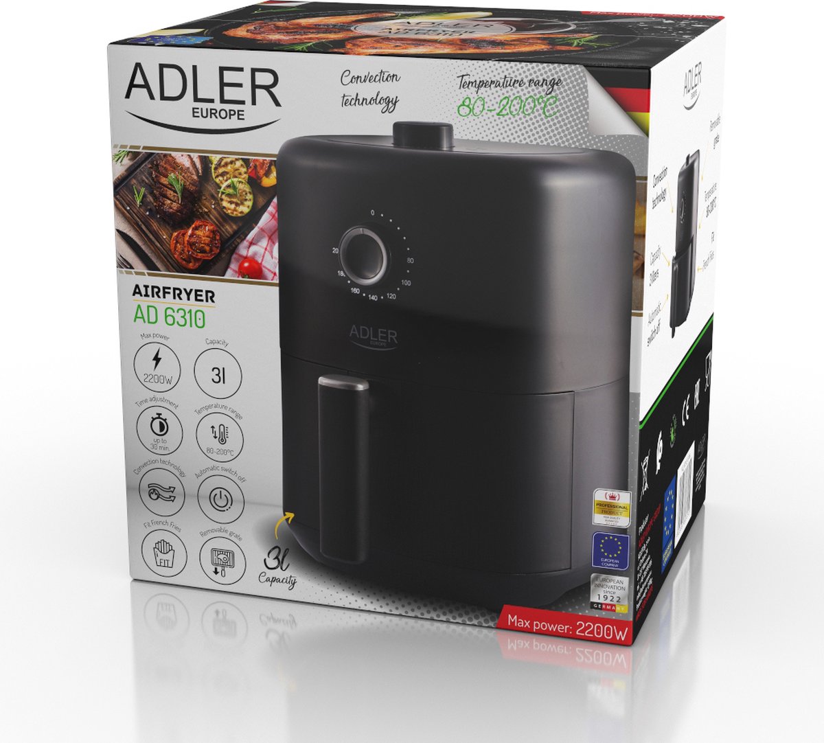 Adler AD 6310 Airfryer Zwart 3L 2200W