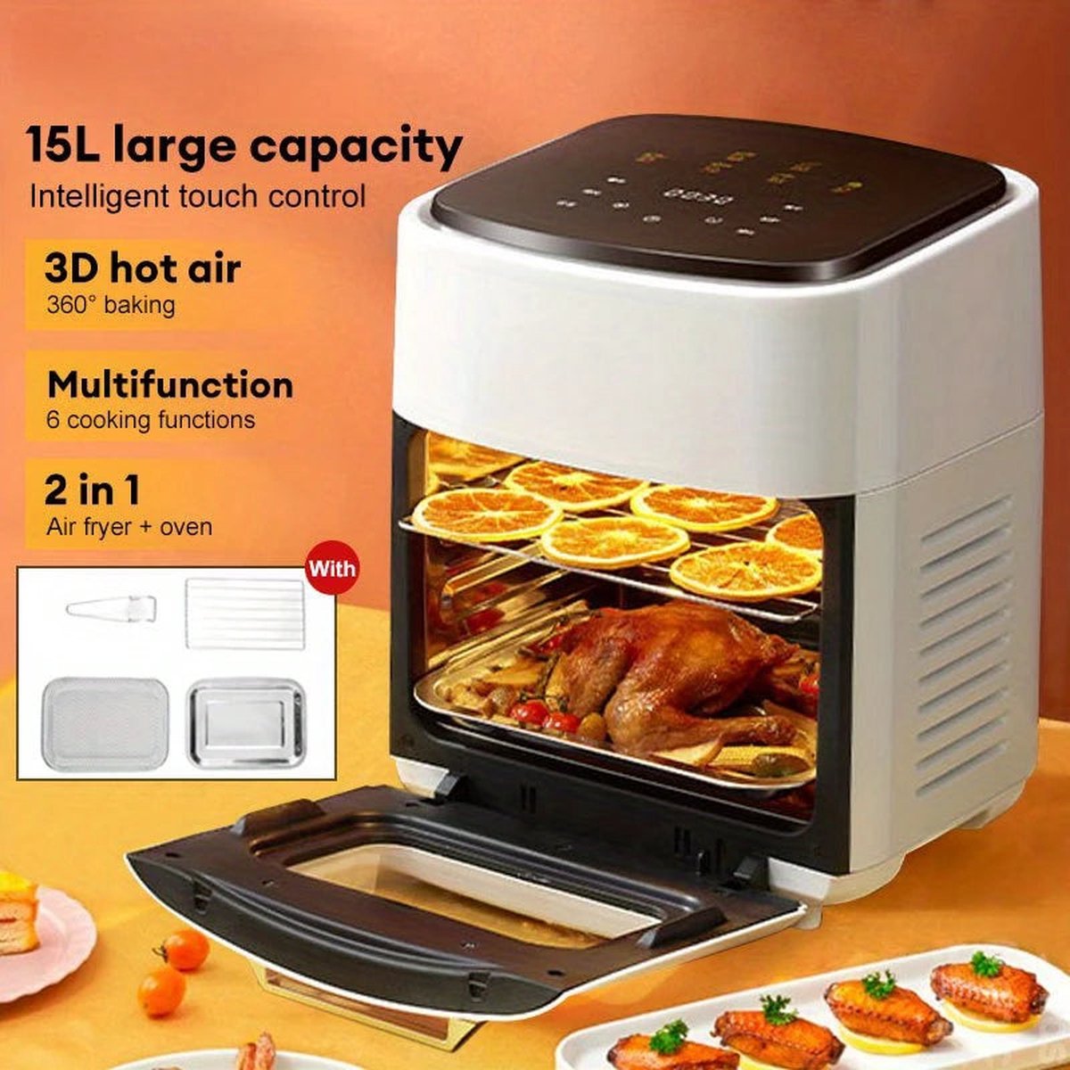Airfryer 15L Zwart Digital PFAS-vrij Grillrack 1400W