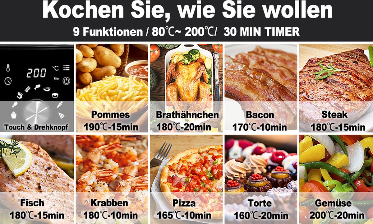 Airfryer 6L Zwart 1700W LED Display