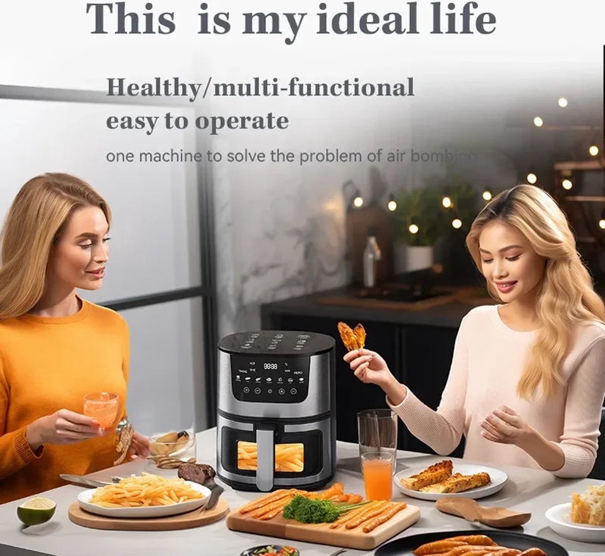 Airfryer 7L 1400W Zwart PFAS-vrij Digitaal Grillrack