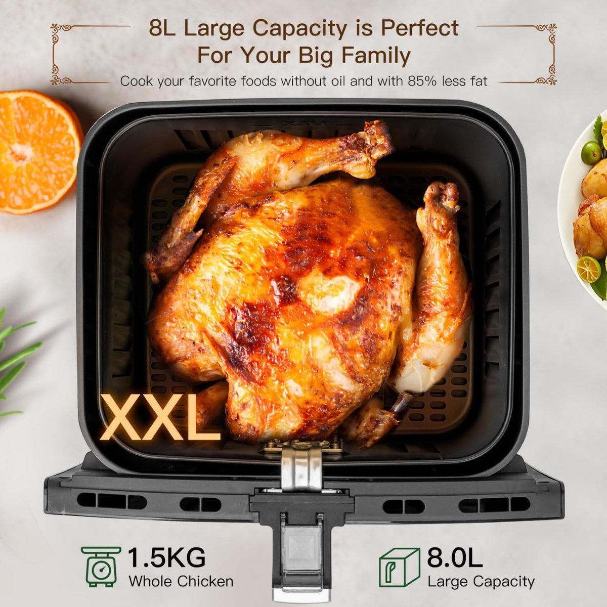 Airfryer XXL 8L 1700W Zwart Met LED Touch Display