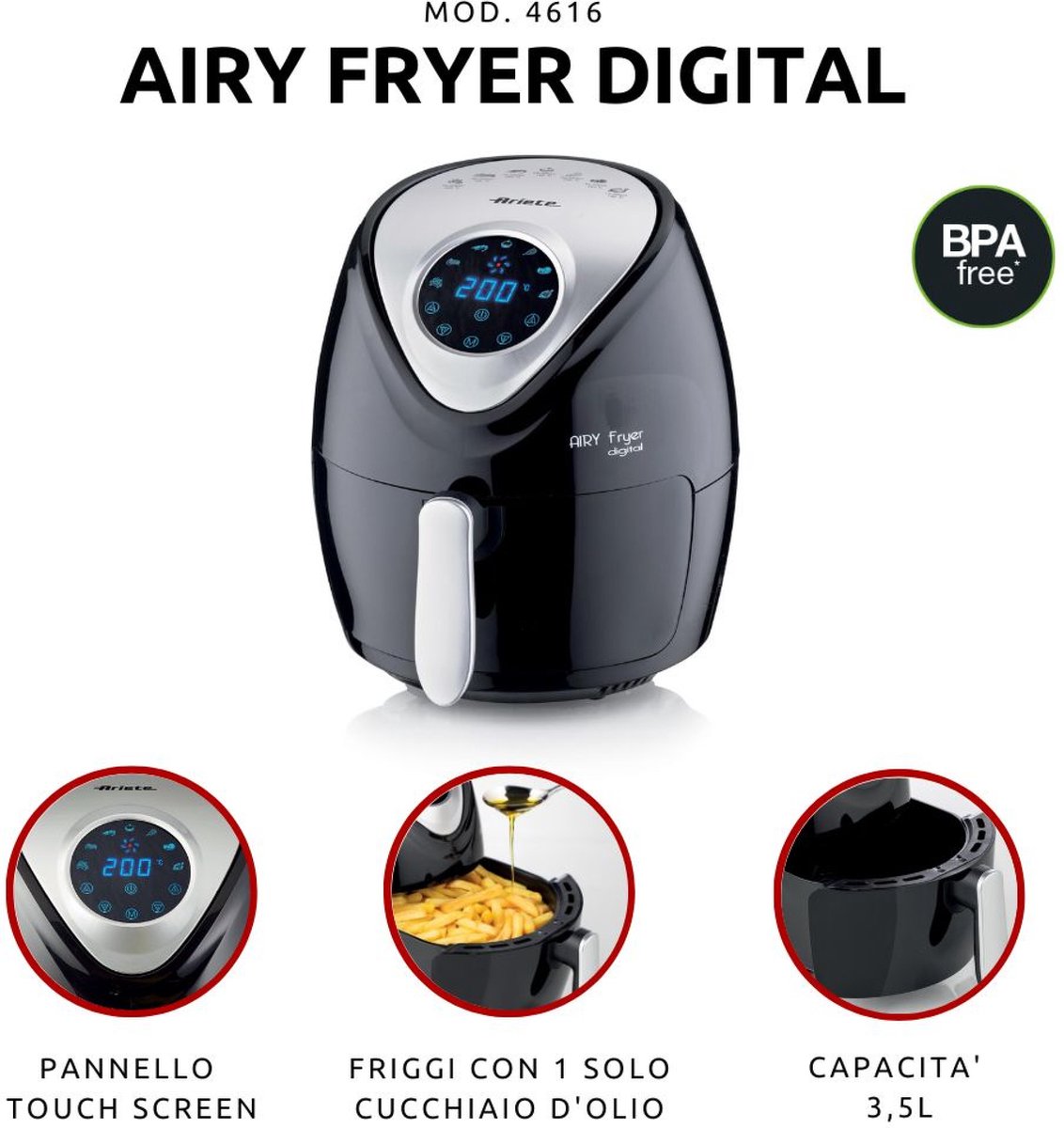 Ariete 4616/00 Heteluchtfriteuse 2,6L Vrijstaand Zwart Zilver