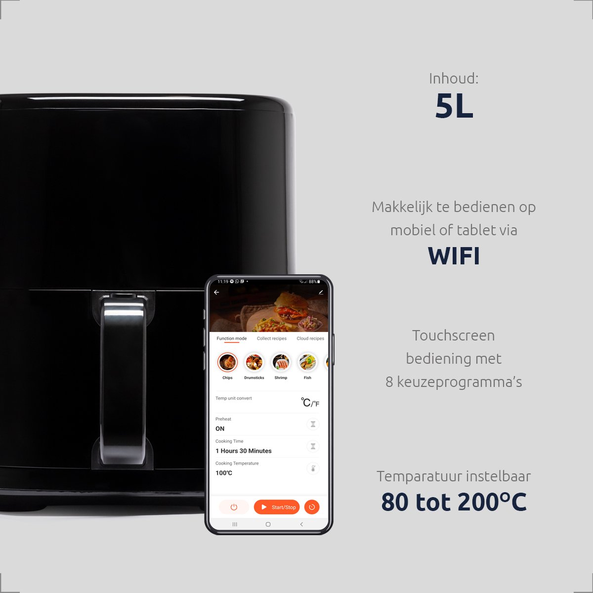 BluMill Digitale Airfryer 5L Touchscreen & App