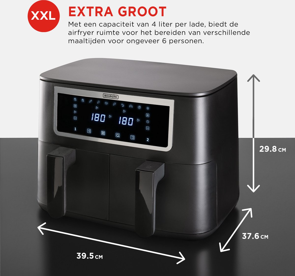 Bourgini Duo Airfryer XXL 2 x 4.0L Zwart