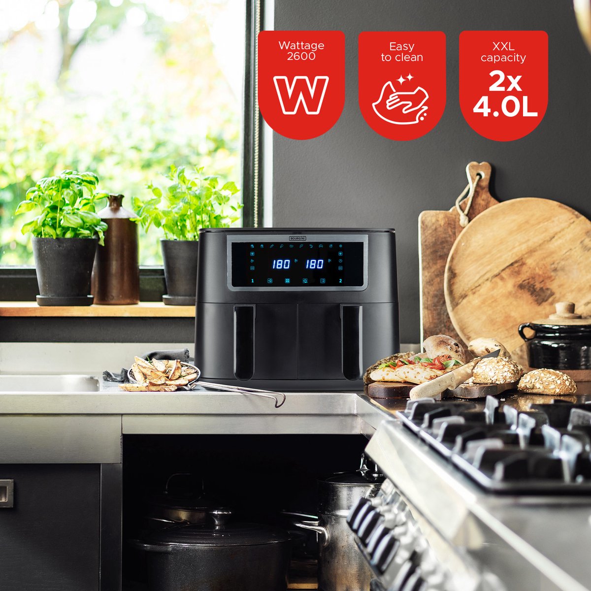 Bourgini Duo Airfryer XXL 2 x 4.0L Zwart