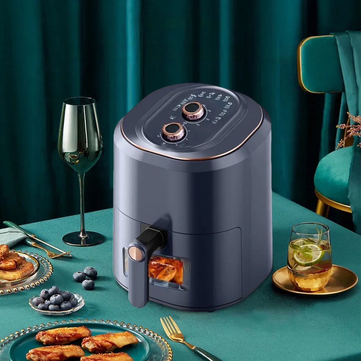 CHIWIN Airfryer 7.5L Donkerblauw met Draaiknoppen 1500W