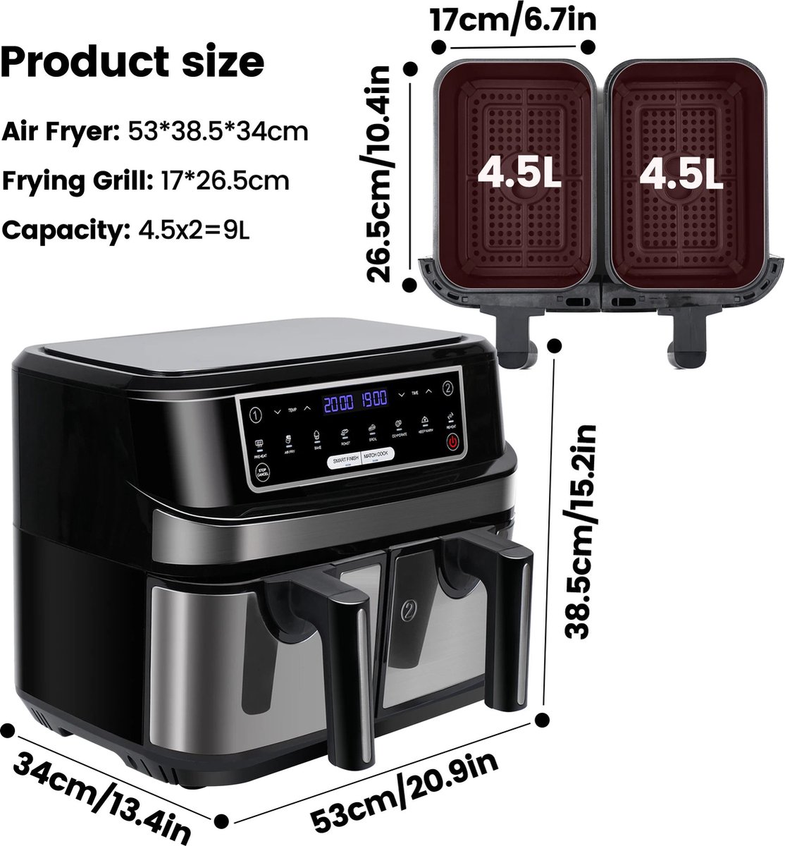 Digitale Airfryer 9L Zwart met 2 Lades en Grillrack