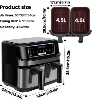 Digitale Airfryer 9L Zwart met 2 Lades en Grillrack