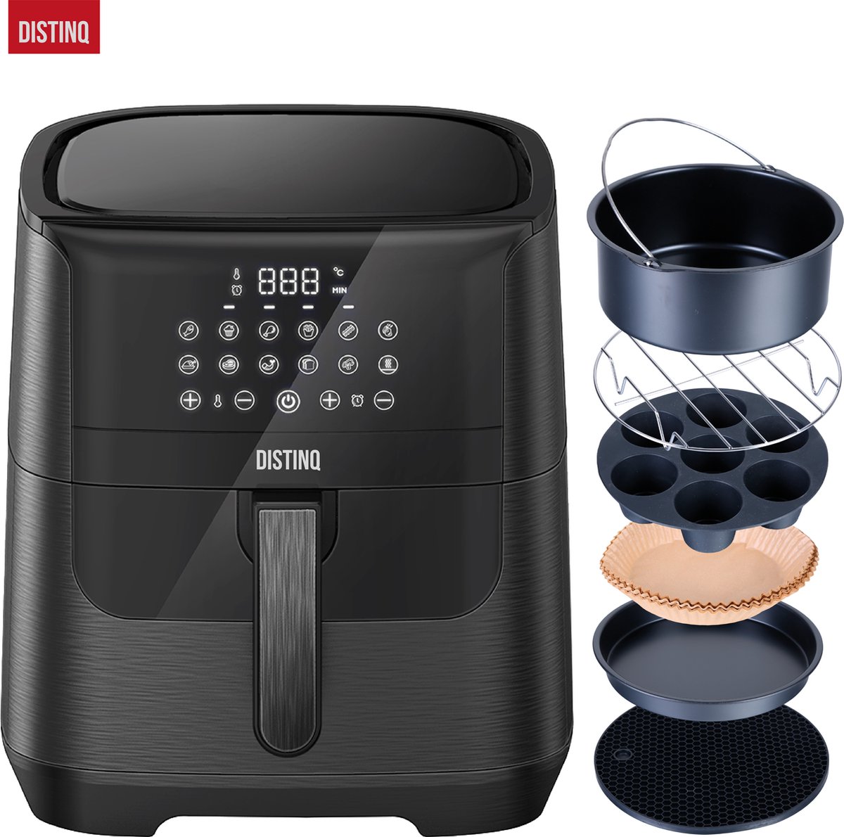 De DistinQ AirFryer 6,5L 1800W Zwart met Accessoires in één oogopslag