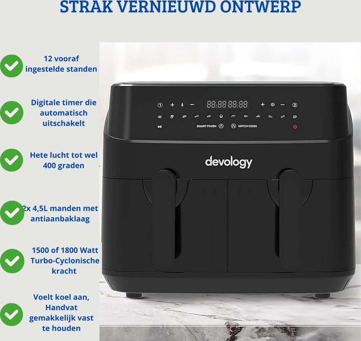 Dubbele Airfryer XXL met Onafhankelijke Kookzones en LED-Display