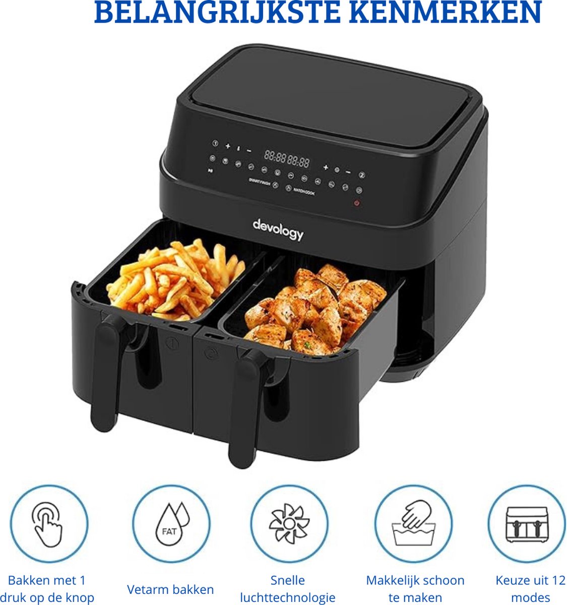 Dubbele Airfryer XXL met Onafhankelijke Kookzones en LED-Display