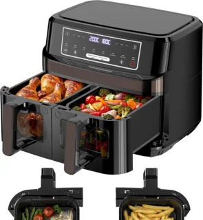 Dubbele heteluchtfriteuse met twee zones, 10 liter, zilver