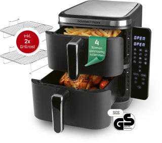 De GOURMETmaxx FryUp verticale dubbelkamer heteluchtfriteuse 10L in één oogopslag