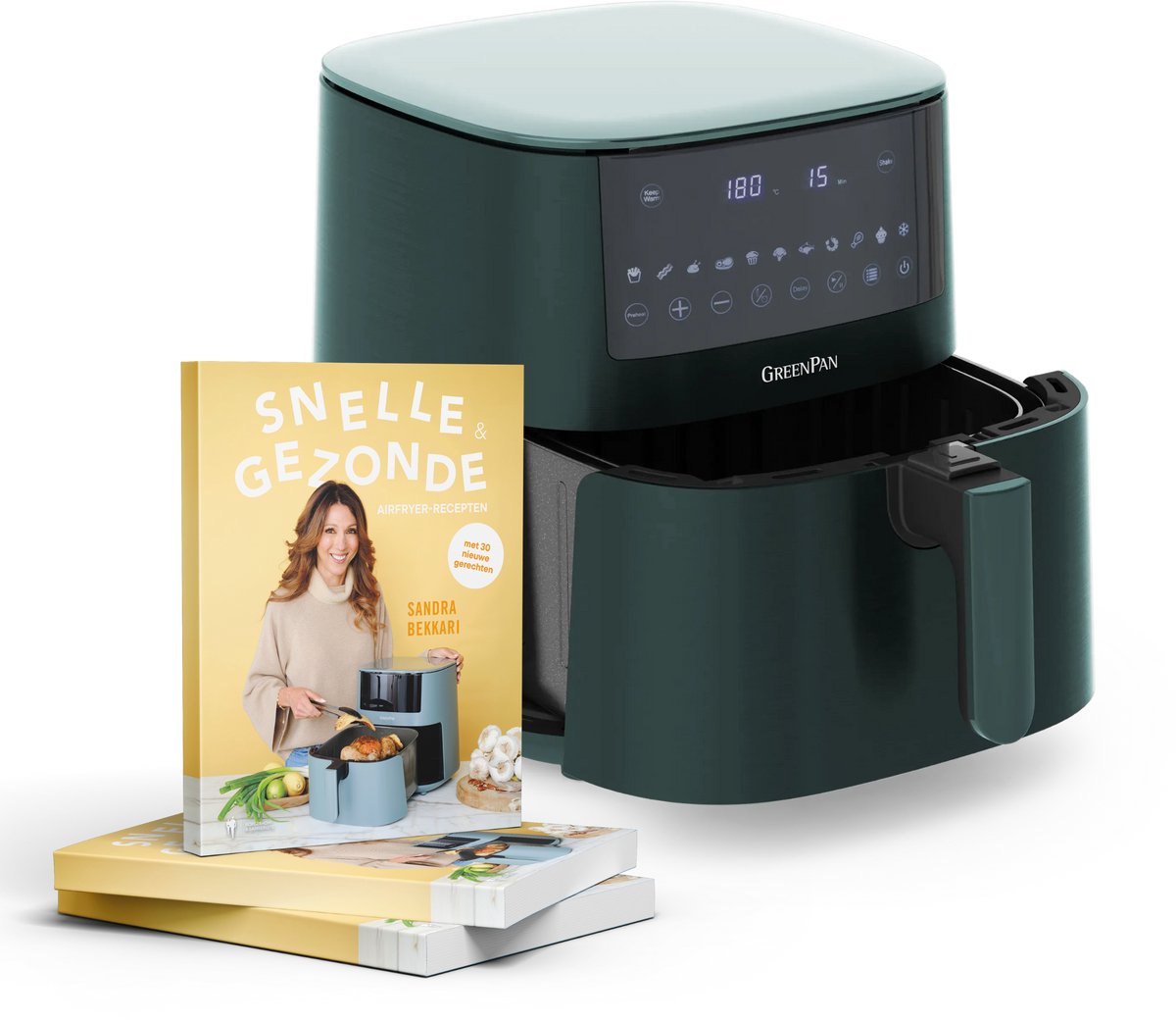 De GreenPan Airfryer XXL 7.2L Pine Green + Sandra Bekkari Kookboek in één oogopslag