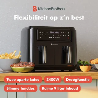 KitchenBrothers Airfryer XXL Dual Zone 9L Zwart