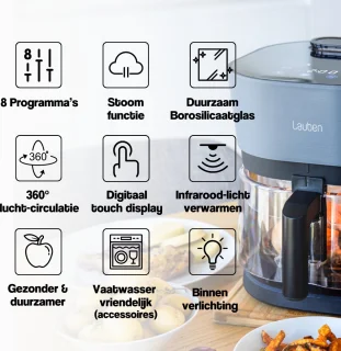 Lauben Airfryer Glass&Steam 4,5L 1300W Zwart/Grijs