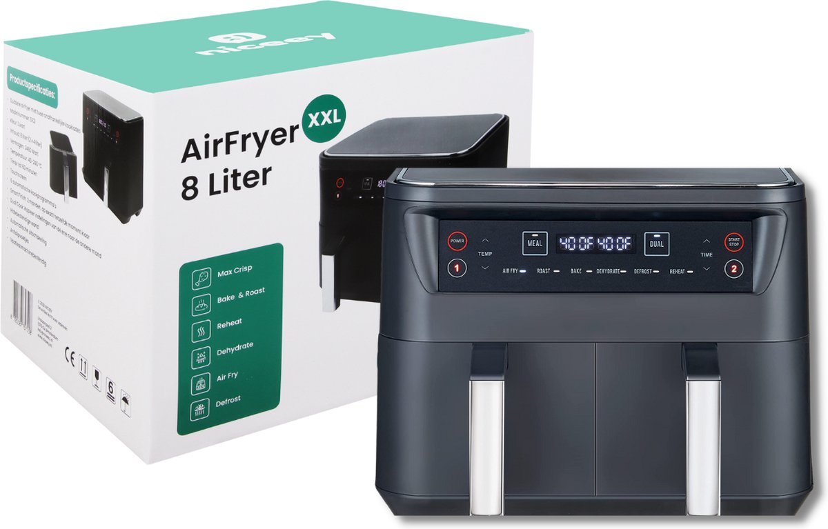 Niceey Dubbele Airfryer XXL 8L Zwart
