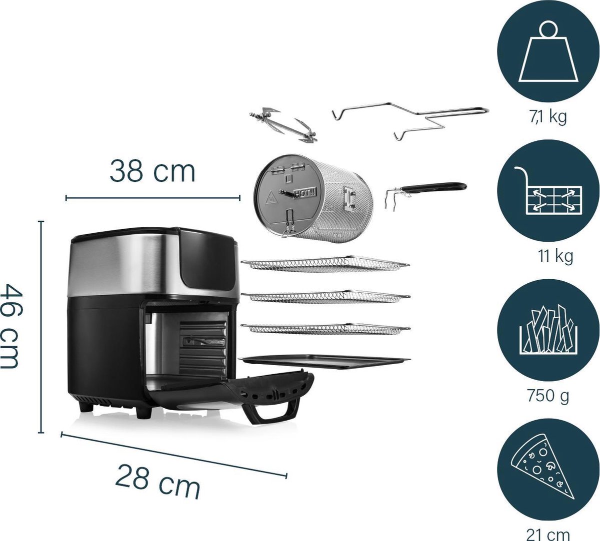 Princess Airfryer Oven DeLuxe 182075 - Heteluchtfriteuse 11L - RVS/Zwart