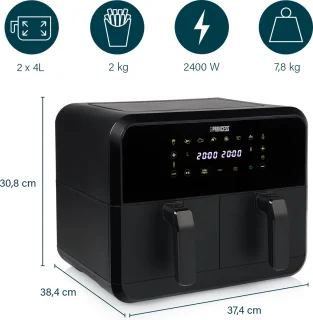 Princess Double Basket Airfryer 182068 XXL 8L Dubbele Airfryer Zwart