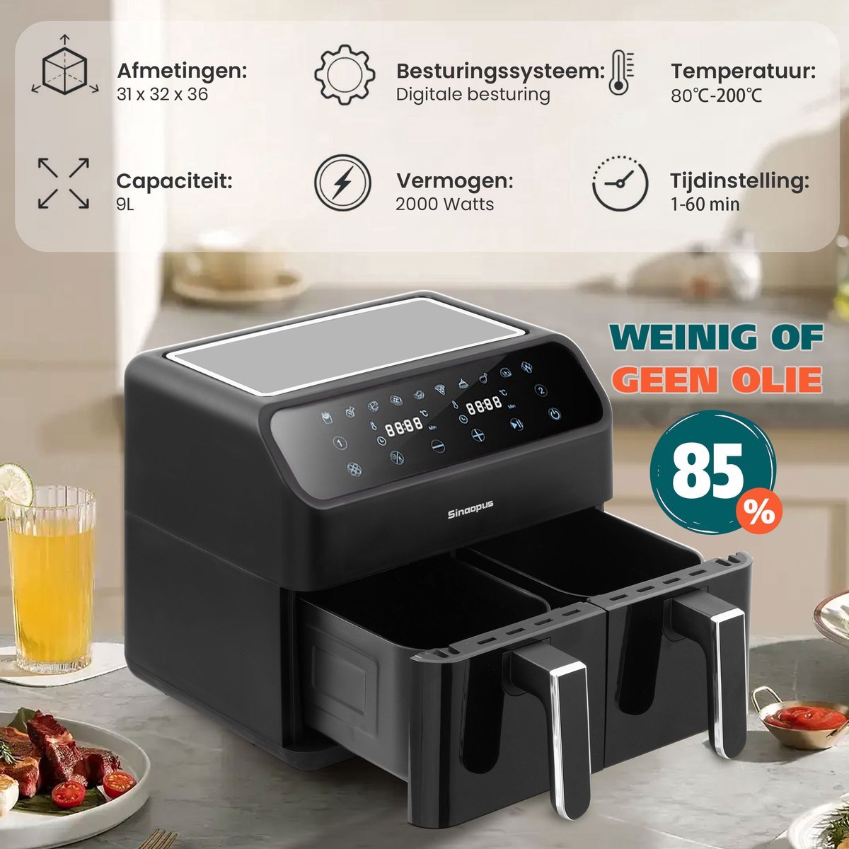 Sinaopus 901 Digitale Airfryer XXL 11L met Dubbele Mand
