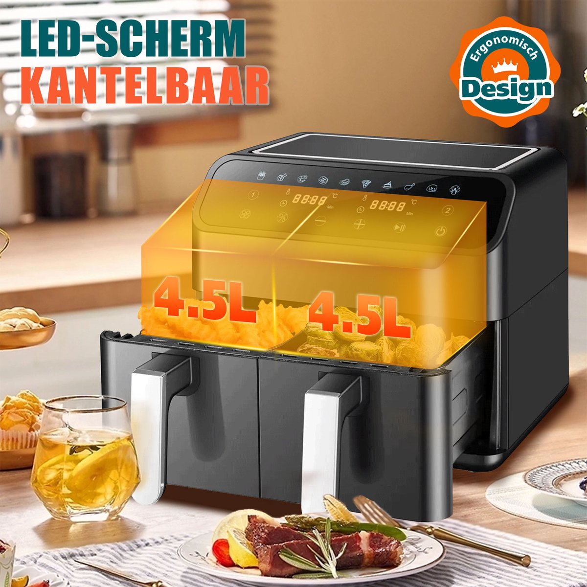 Sinaopus 901 Digitale Airfryer XXL 9L met Dubbele Mand