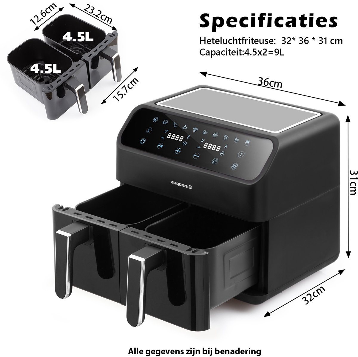 Sinaopus 901 Digitale Airfryer XXL 9L met Dubbele Mand