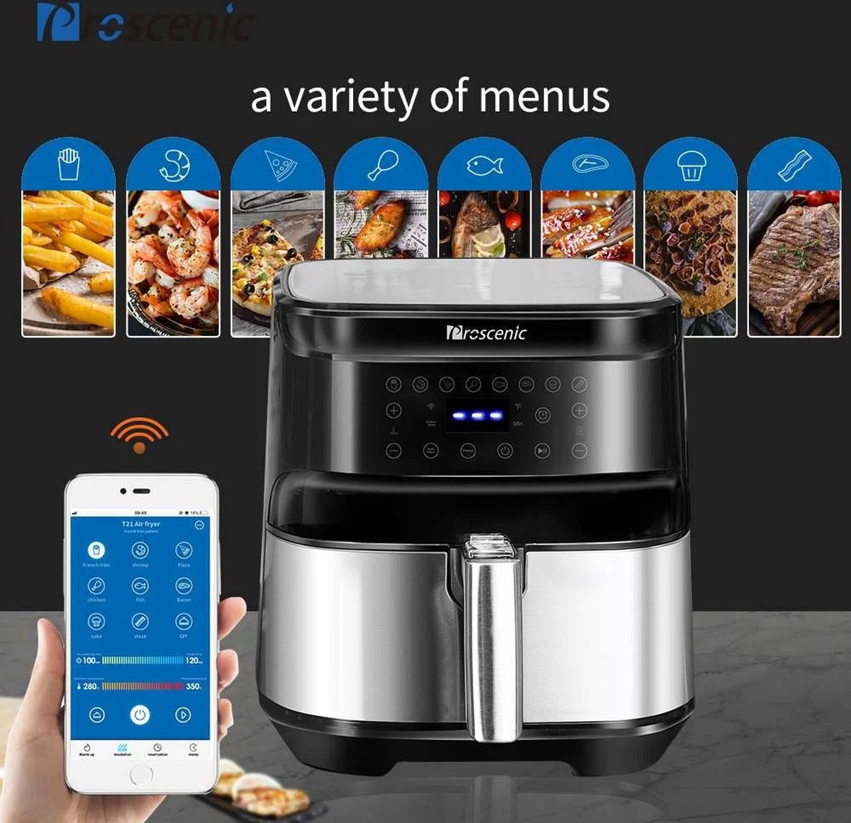 Stemily Airfryer 5.5L met LED-scherm en App bediening