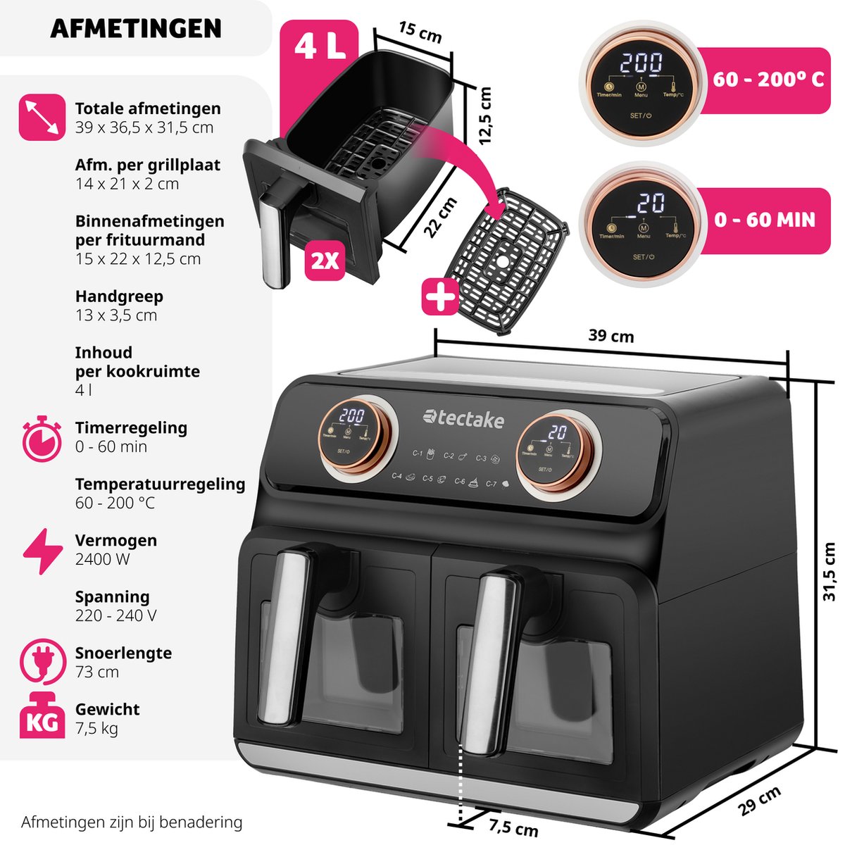 tectake® Dubbele Airfryer Samurai XXL 8L