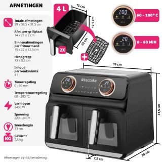 tectake® Dubbele Airfryer Samurai XXL 8L